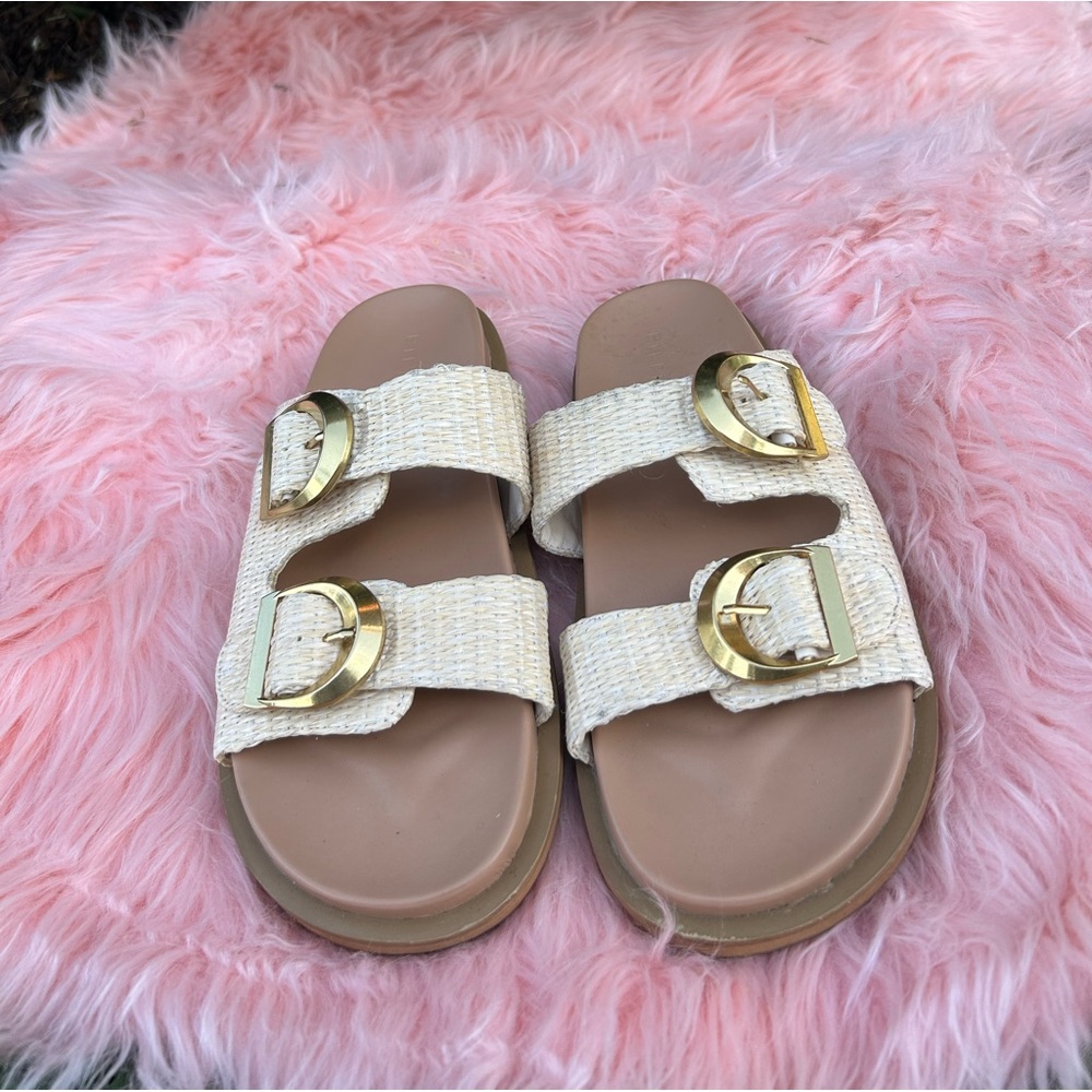 Women Cream Sandals with Gold Buckles
